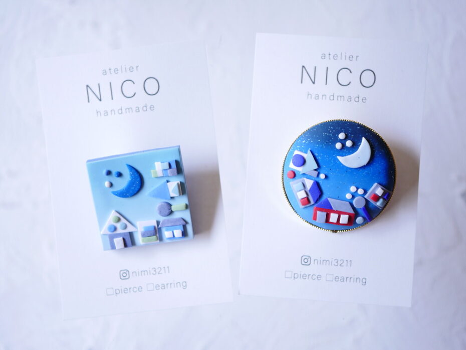 アトリエNICOさん 月のブローチとエンブロイダリーイヤリングのご紹介