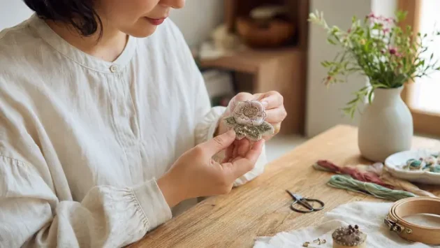 作家が花の刺繍ブローチを両手で大切に見つめている様子