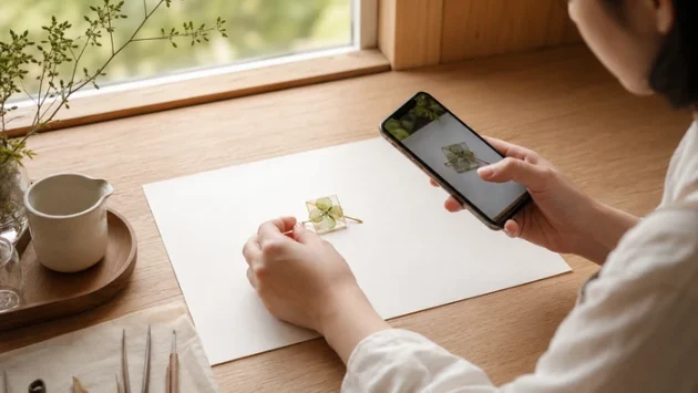 窓辺でハンドメイド作品をスマートフォン撮影する作家の手元