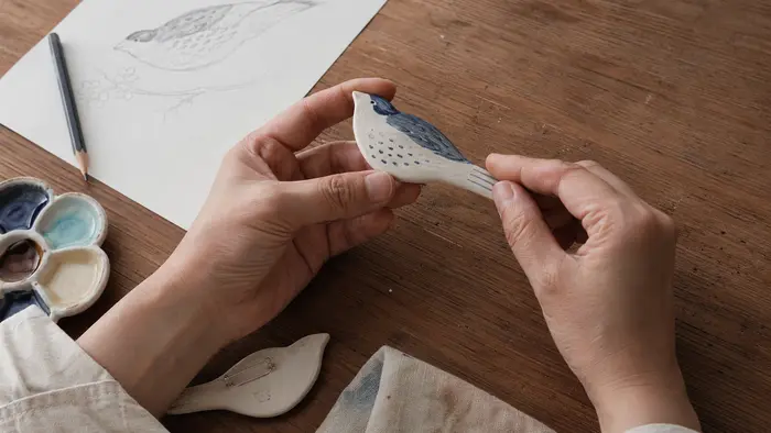 作家がスケッチや絵付け道具とともに陶器の鳥のブローチを両手で確かめている様子