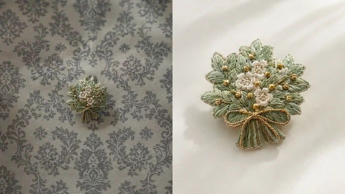 同じ刺繍ブローチを、暗く複雑な背景と明るくシンプルな背景で比較した写真