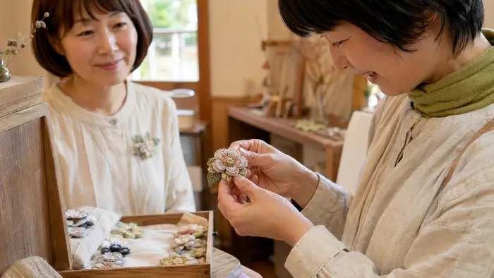 小さな作品展でお客様が花の刺繍ブローチを見つけ、作家がそばで見守る様子