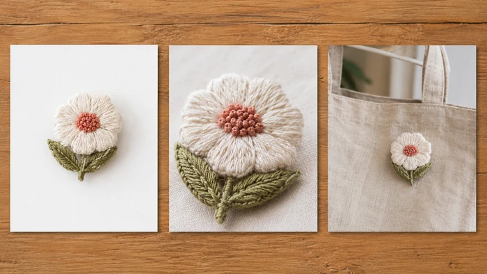 同じ刺繍ブローチの全体写真、細部写真、バッグに付けた使用写真を並べた例