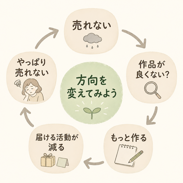 売れないことで制作へ偏り、販売活動が不足する悪循環